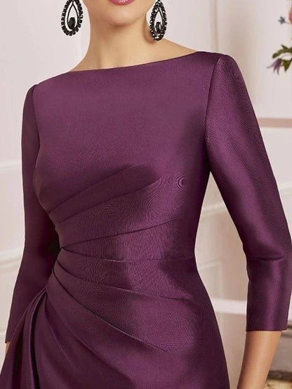 Sheath / Column Mother of the Bride Dress Elegant Off Shoulder Knee Length Satin 3/4 Length Sleeve with Ruching - RongMoon
