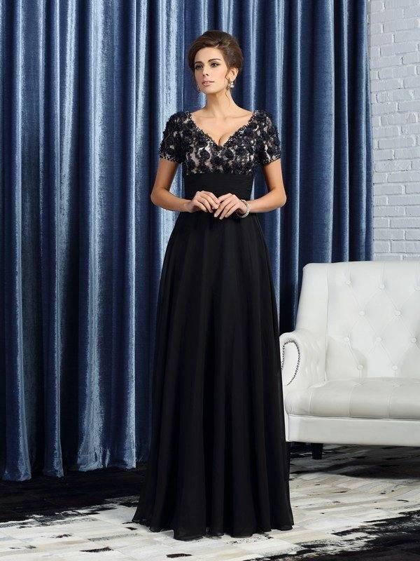 A-Line/Princess V-neck Short Sleeves Long Chiffon Mother of the Bride Dresses - RongMoon