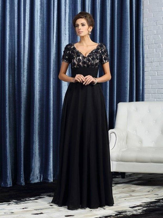 A-Line/Princess V-neck Short Sleeves Long Chiffon Mother of the Bride Dresses - RongMoon