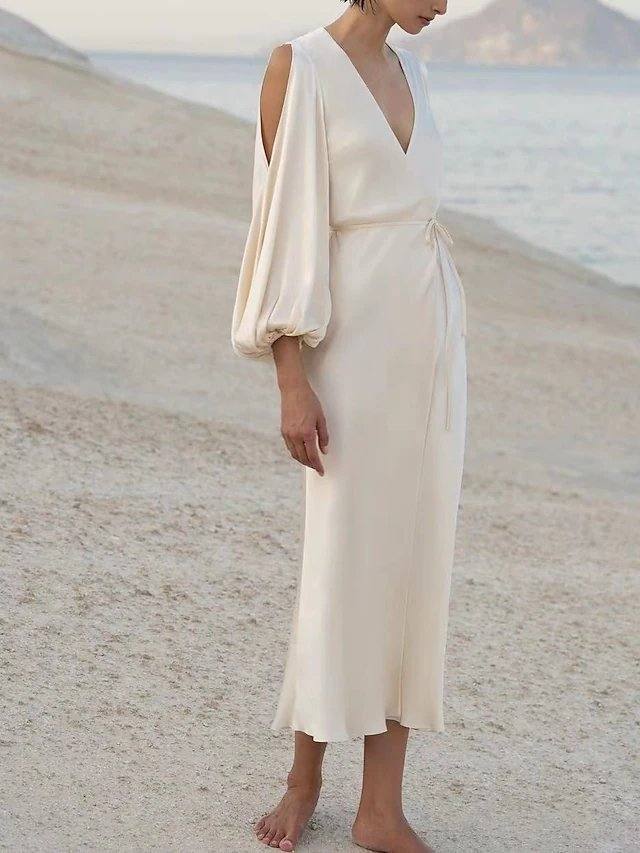 Sheath / Column Mother of the Bride Dress Simple Elegant V Neck Ankle Length Charmeuse 3/4 Length Sleeve with Bow(s) - RongMoon