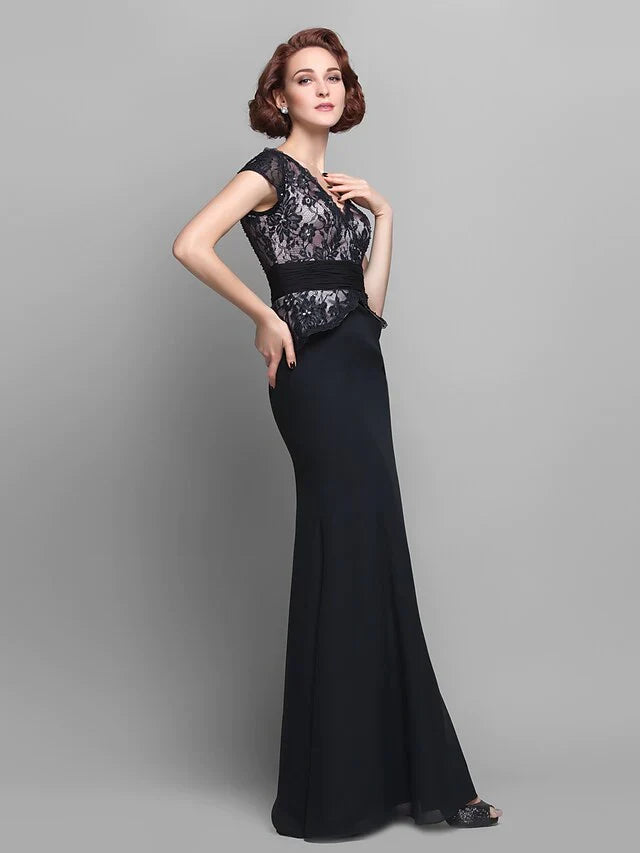Mother of the Bride Dress Vintage Inspired V Neck Floor Length Chiffon Lace Short Sleeve with Ruched Beading