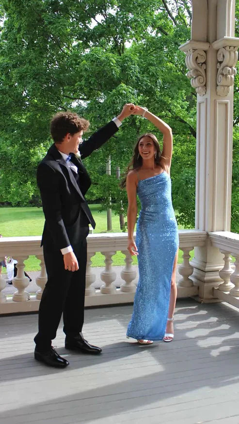 Blue Sequins Spaghetti Straps Long Party Dress with Slit Sparkly Evening Dress Wholesale