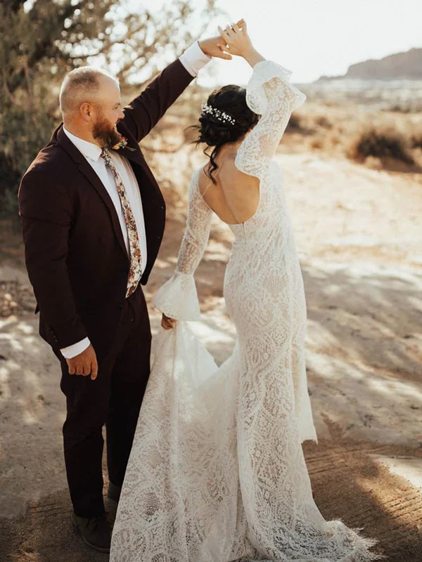 Elegant Longsleeves Illusion V-Neck Lace Wedding Dresses Backless Bridal Gowns Beautiful