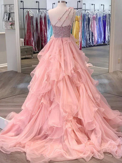Aimishang One-shoulder Tulle Beaded Flower A-line Prom Dresses Floor Length Beautiful Wholesale