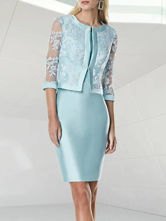 Two Piece Sheath / Column Mother of the Bride Dress Elegant Jewel Neck Knee Length Lace Satin Half Sleeve with Appliques - RongMoon
