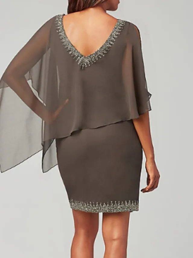 Sheath / Column Mother of the Bride Dress Plus Size Jewel Neck Short / Mini Chiffon 3/4 Length Sleeve with Beading Ruffles Tier - RongMoon