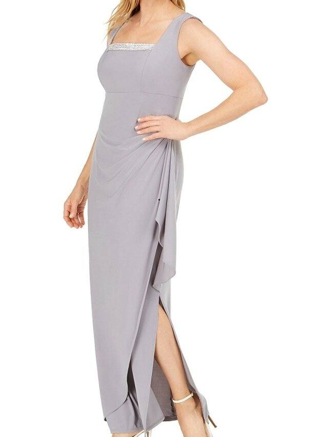 Sheath / Column Mother of the Bride Dress Elegant Square Neck Floor Length Chiffon 3/4 Length Sleeve with Beading Split Front - RongMoon