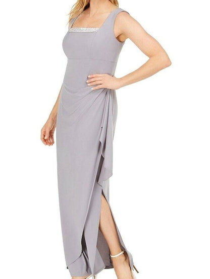 Sheath / Column Mother of the Bride Dress Elegant Square Neck Floor Length Chiffon 3/4 Length Sleeve with Beading Split Front - RongMoon