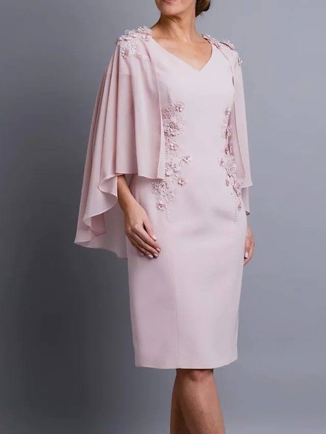 Sheath / Column Mother of the Bride Dress Elegant V Neck Knee Length Chiffon 3/4 Length Sleeve with Appliques - RongMoon