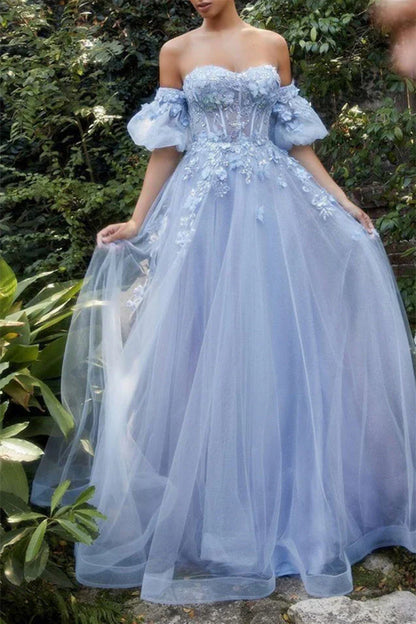 Sweetheart A Line Prom Dress Corset Tulle Evening Dress With Sleeves Off Shoulder Beautiful Wholesale