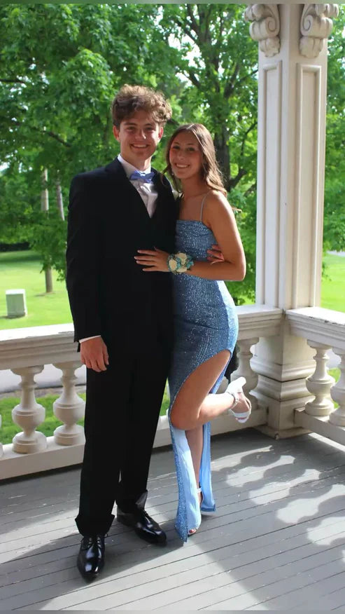 Blue Sequins Spaghetti Straps Long Party Dress with Slit Sparkly Evening Dress Wholesale