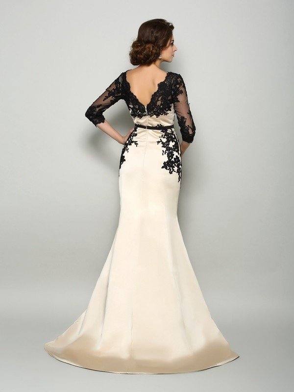 Trumpet/Mermaid Bateau Lace 1/2 Sleeves Long Satin Mother of the Bride Dresses - RongMoon