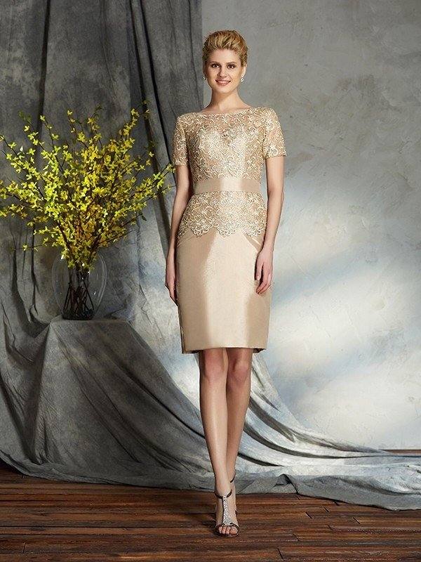 Sheath/Column Bateau Applique Short Sleeves Short Taffeta Mother of the Bride Dresses - RongMoon