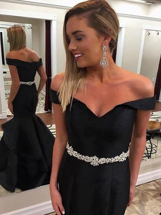 Trumpet/Mermaid Sleeveless Off-the-Shoulder Satin Beading Sweep/Brush Train Dresses - RongMoon