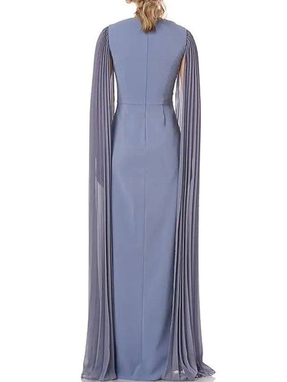 Sheath / Column Mother of the Bride Dress Elegant Jewel Neck Floor Length Chiffon Long Sleeve with Pleats - RongMoon