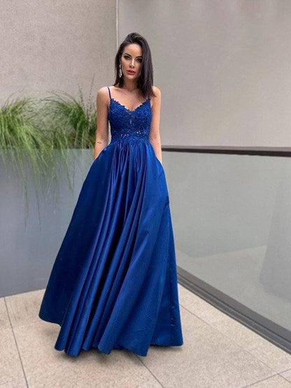 A-Line/Princess Applique Spaghetti Straps Satin Sleeveless Floor-Length Dresses - RongMoon
