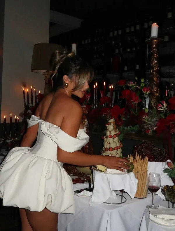 Sexy Ivory Satin Off-the-shoulder Sweetheart Short A-Line Party Dress Cocktail Dress Homecoming Dress HZ1024