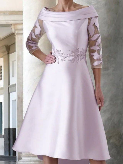 A-Line Mother of the Bride Dress Elegant Off Shoulder Knee Length Satin Half Sleeve with Appliques - RongMoon