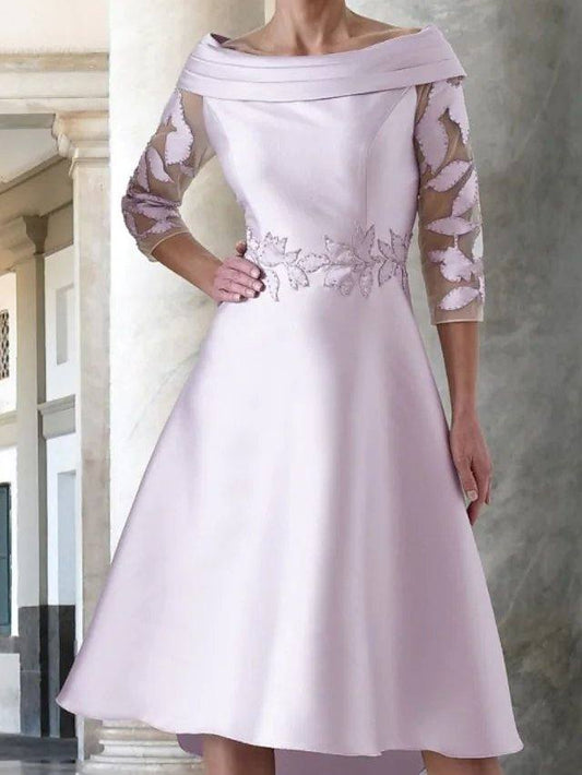 A-Line Mother of the Bride Dress Elegant Off Shoulder Knee Length Satin Half Sleeve with Appliques - RongMoon