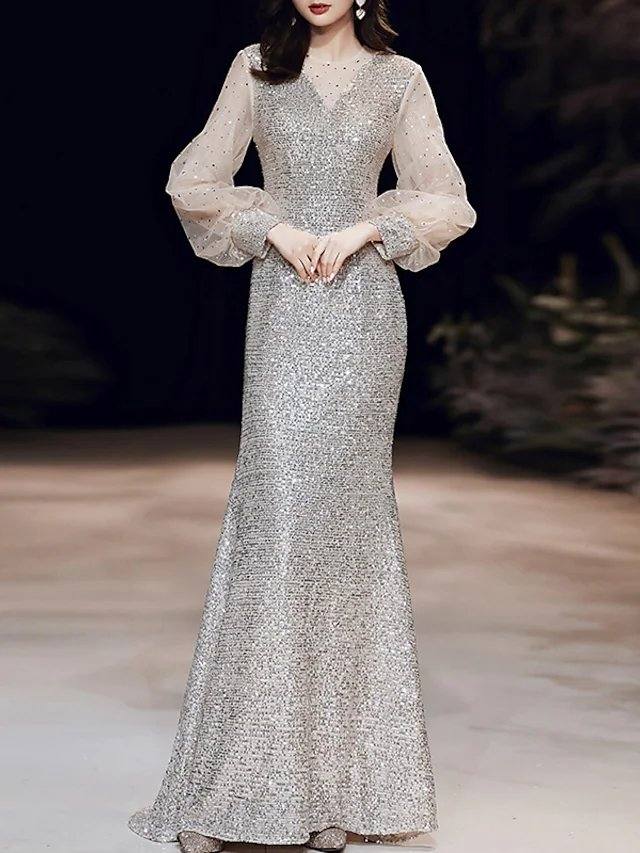 A-Line Mermaid / Trumpet Sparkle Elegant Prom Formal Evening Dress Illusion Neck Long Sleeve Sweep / Brush Train Sequined with Sequin - RongMoon