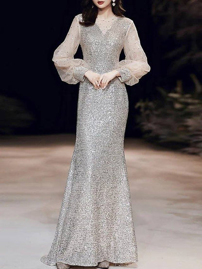 A-Line Mermaid / Trumpet Sparkle Elegant Prom Formal Evening Dress Illusion Neck Long Sleeve Sweep / Brush Train Sequined with Sequin - RongMoon