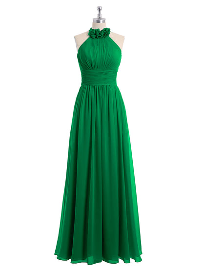 Halter Chiffon Full Length Dress with Flowers-Emerald