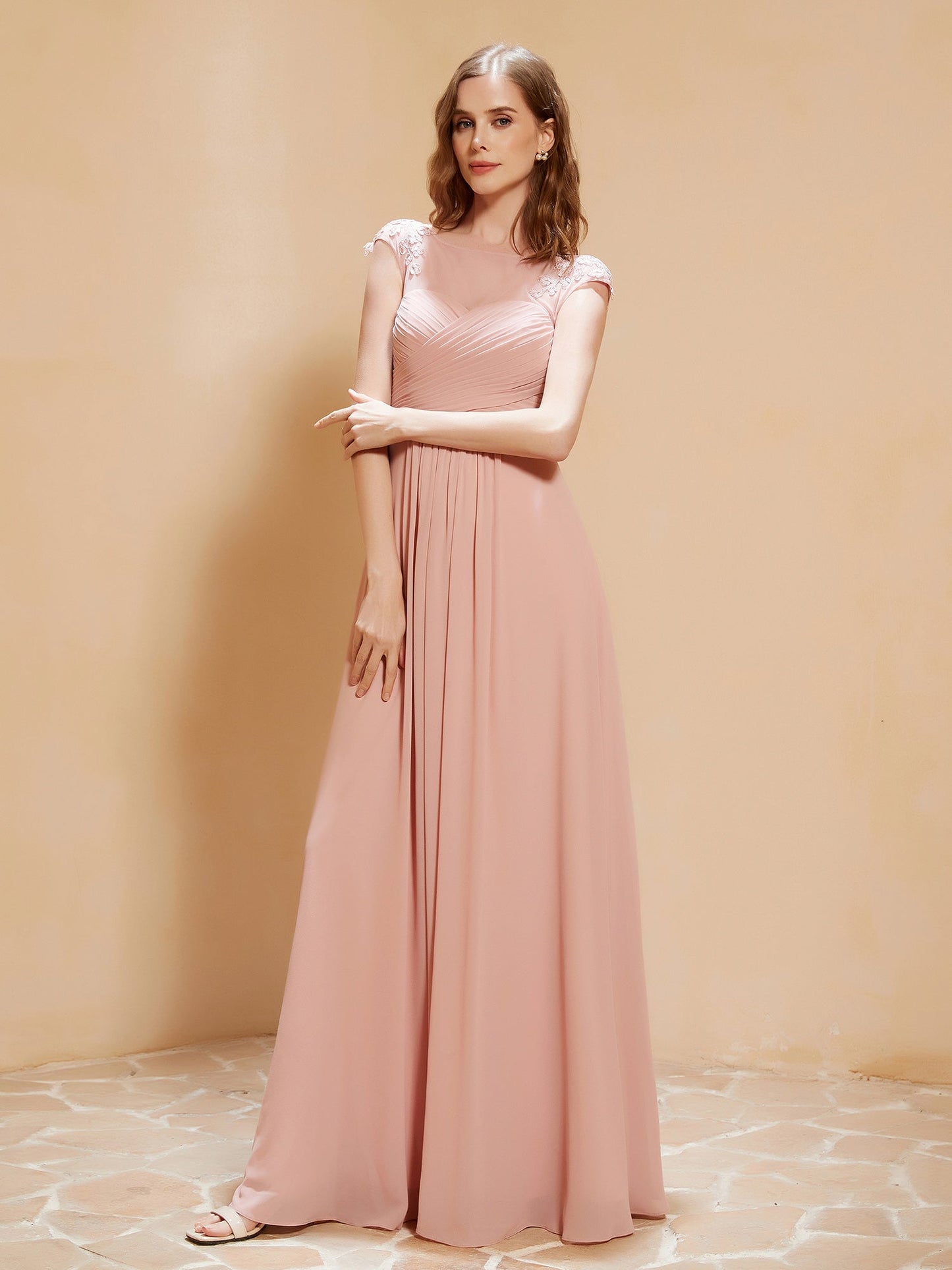 Illusion Neck Cap Sleeve Chiffon Lace Dress Dusty Rose
