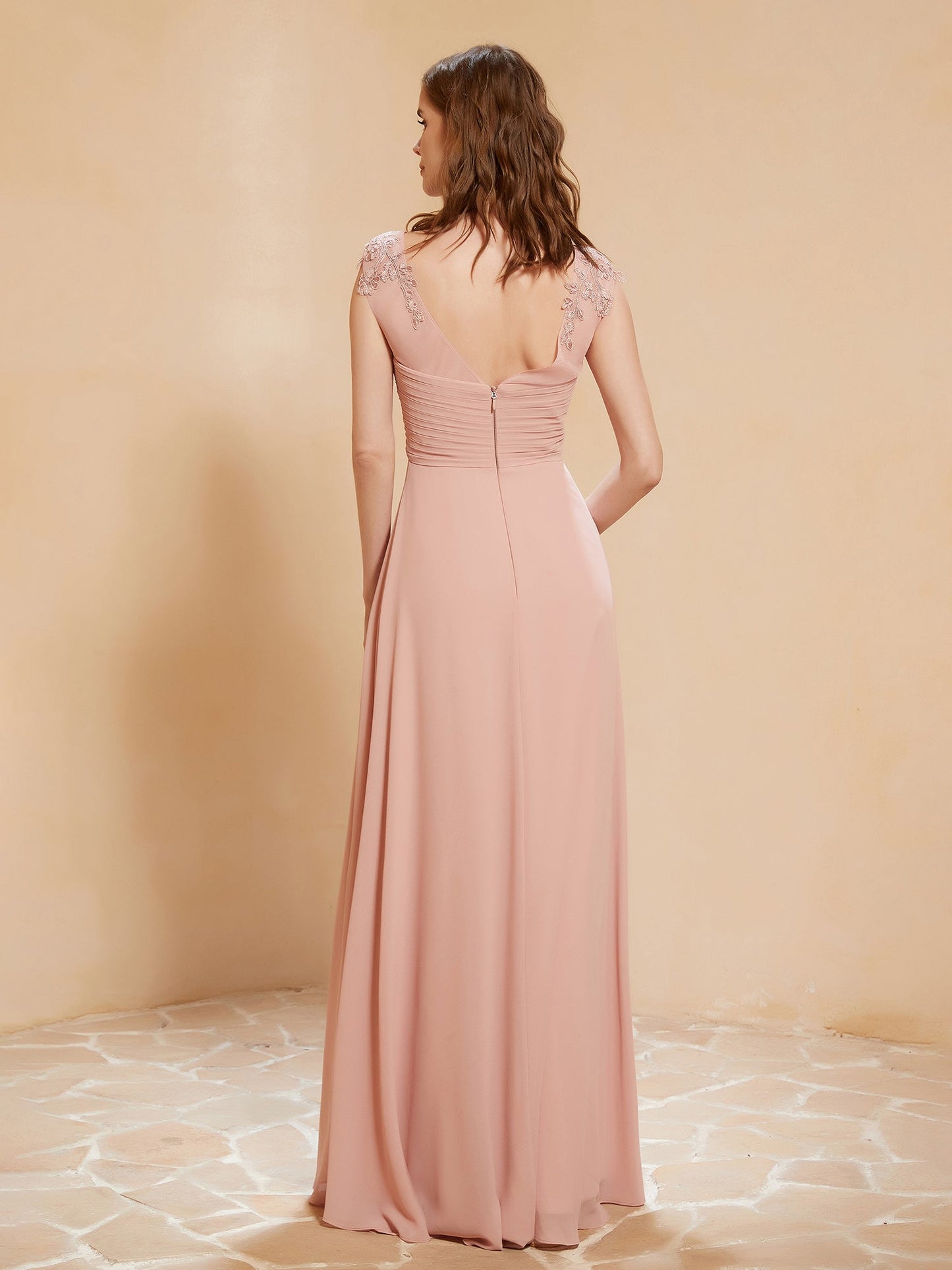 Illusion Neck Cap Sleeve Chiffon Lace Dress Dusty Rose