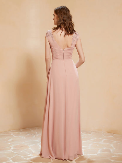 Illusion Neck Cap Sleeve Chiffon Lace Dress Dusty Rose
