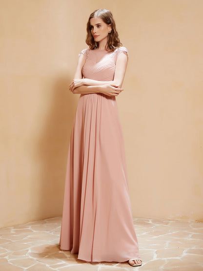 Illusion Neck Cap Sleeve Chiffon Lace Dress Dusty Rose
