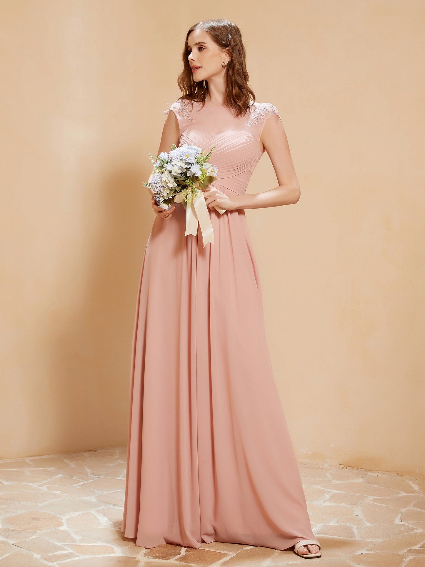Illusion Neck Cap Sleeve Chiffon Lace Dress Dusty Rose