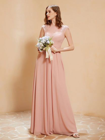 Illusion Neck Cap Sleeve Chiffon Lace Dress Dusty Rose