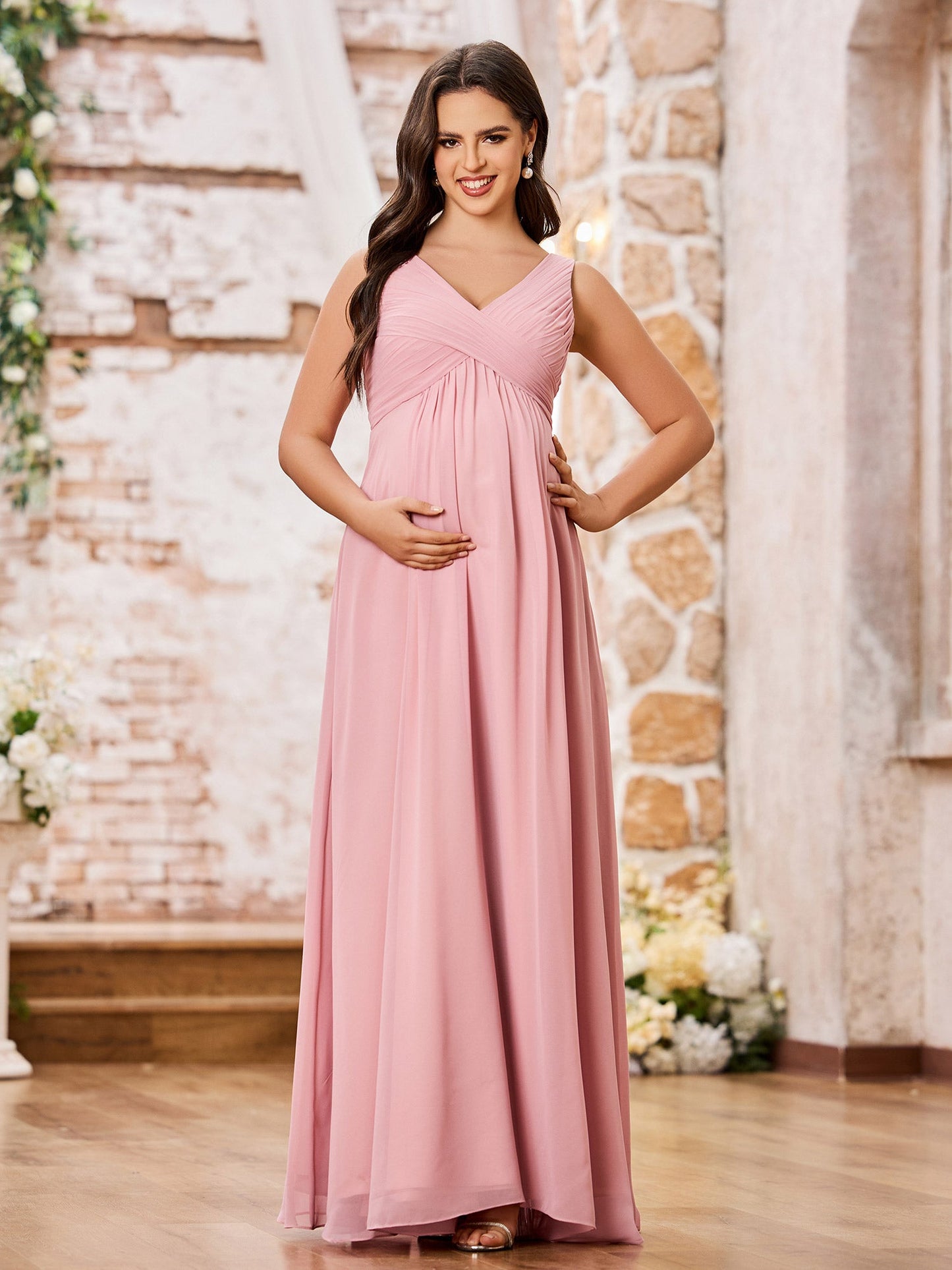 A-line V-neck Long Chiffon Empire Waistline Dresses Dusty Rose