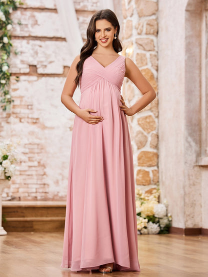 A-line V-neck Long Chiffon Empire Waistline Dresses Dusty Rose