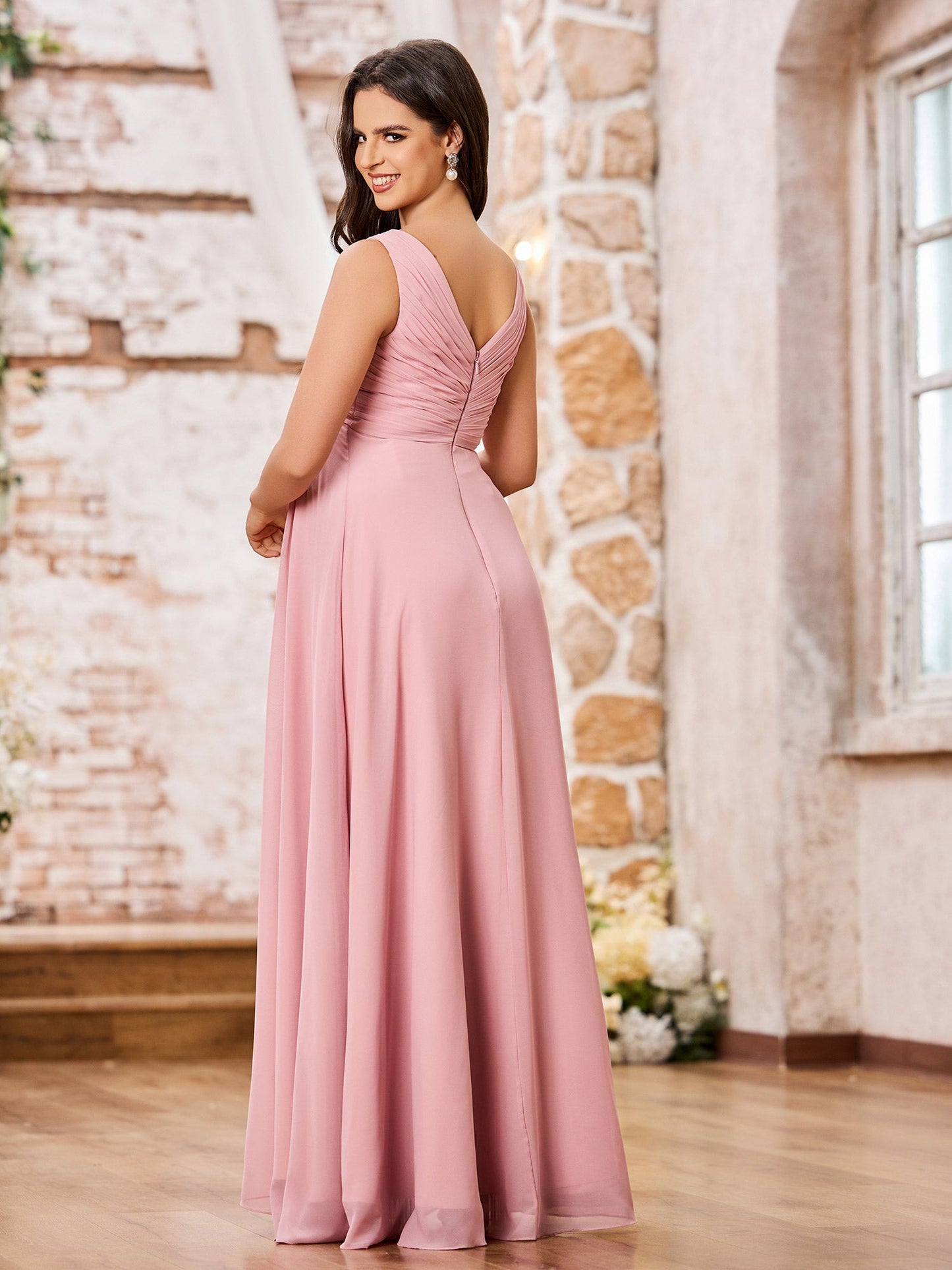 A-line V-neck Long Chiffon Empire Waistline Dresses Dusty Rose