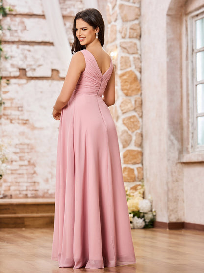A-line V-neck Long Chiffon Empire Waistline Dresses Dusty Rose