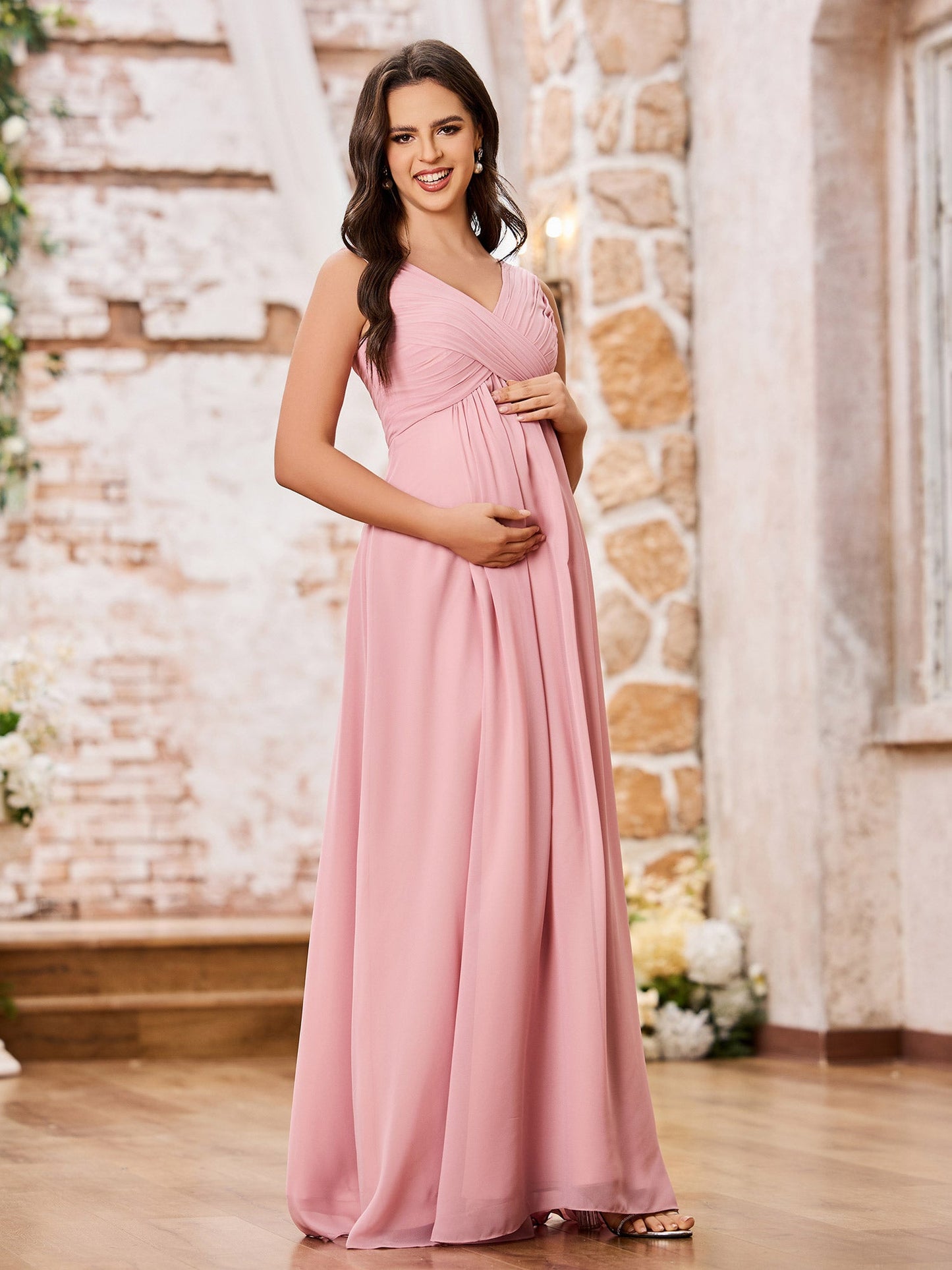 A-line V-neck Long Chiffon Empire Waistline Dresses Dusty Rose