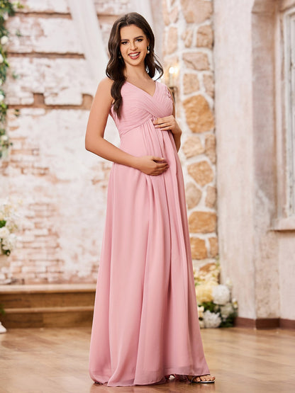 A-line V-neck Long Chiffon Empire Waistline Dresses Dusty Rose