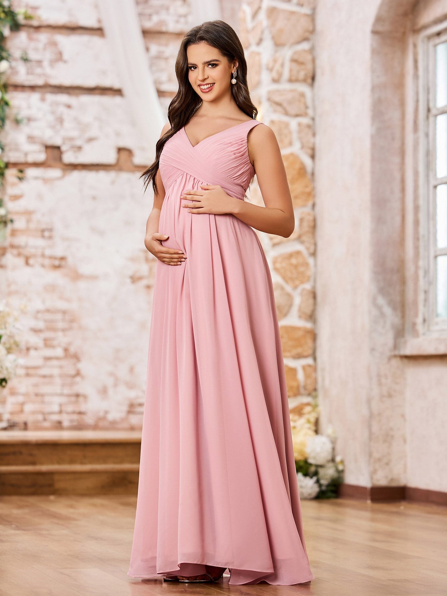 A-line V-neck Long Chiffon Empire Waistline Dresses Dusty Rose