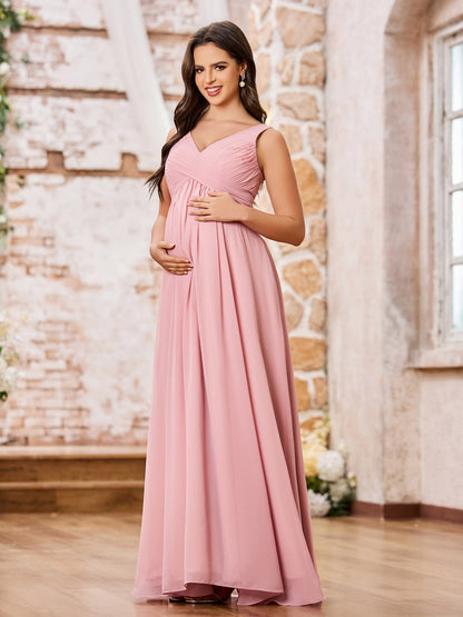 A-line V-neck Long Chiffon Empire Waistline Dresses Dusty Rose