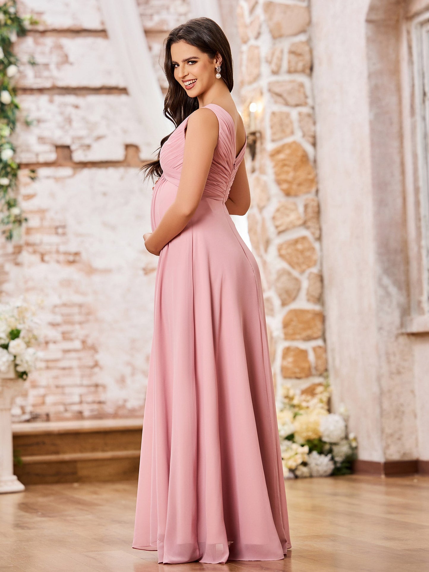 A-line V-neck Long Chiffon Empire Waistline Dresses Dusty Rose