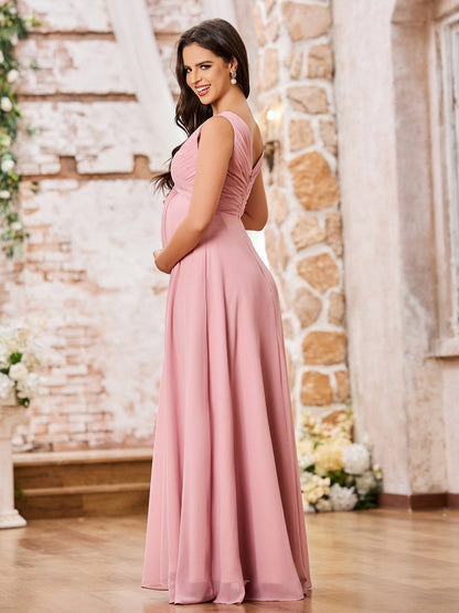 A-line V-neck Long Chiffon Empire Waistline Dresses Dusty Rose
