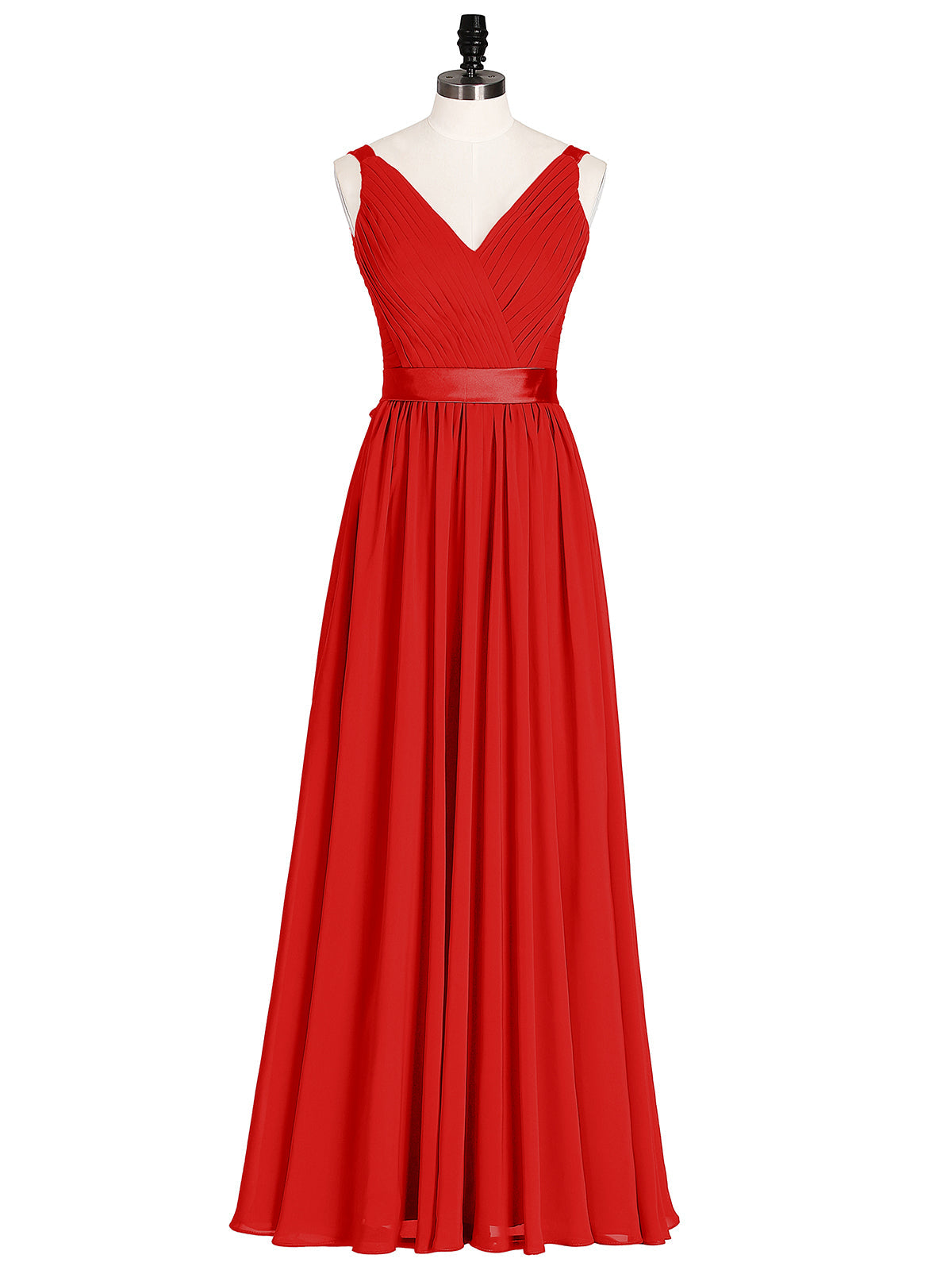V Neck Chiffon Bridesmaid Dress with Satin Sash Bow-Red