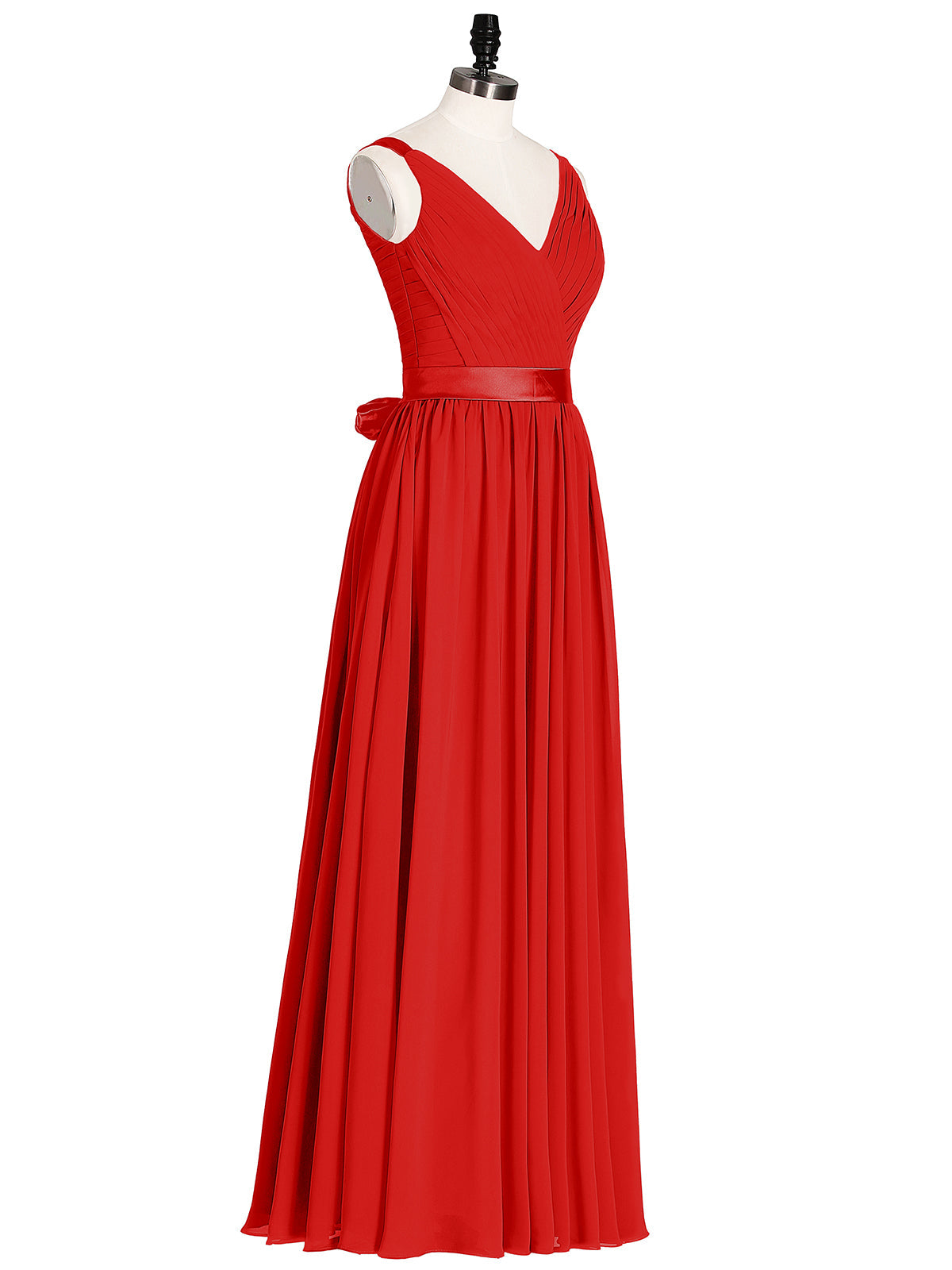 V Neck Chiffon Bridesmaid Dress with Satin Sash Bow-Red