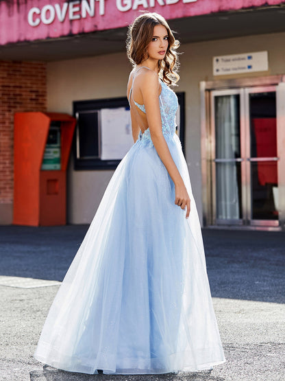 V Neck Corset Bodice Tulle Dress Sky Blue