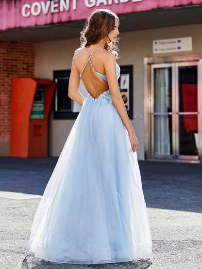 V Neck Corset Bodice Tulle Dress Sky Blue