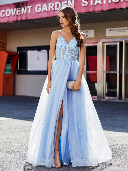 V Neck Corset Bodice Tulle Dress Sky Blue