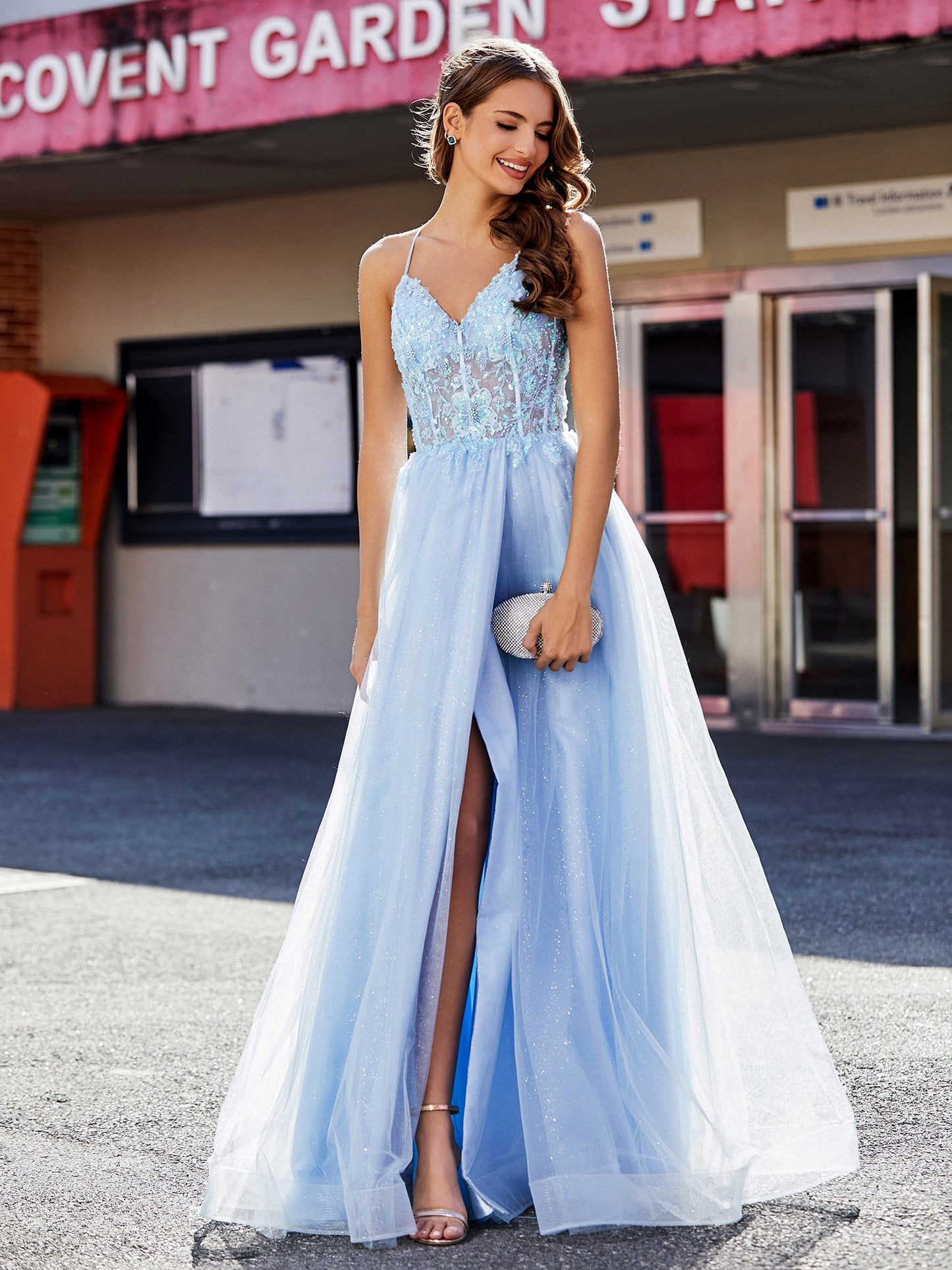 V Neck Corset Bodice Tulle Dress Sky Blue