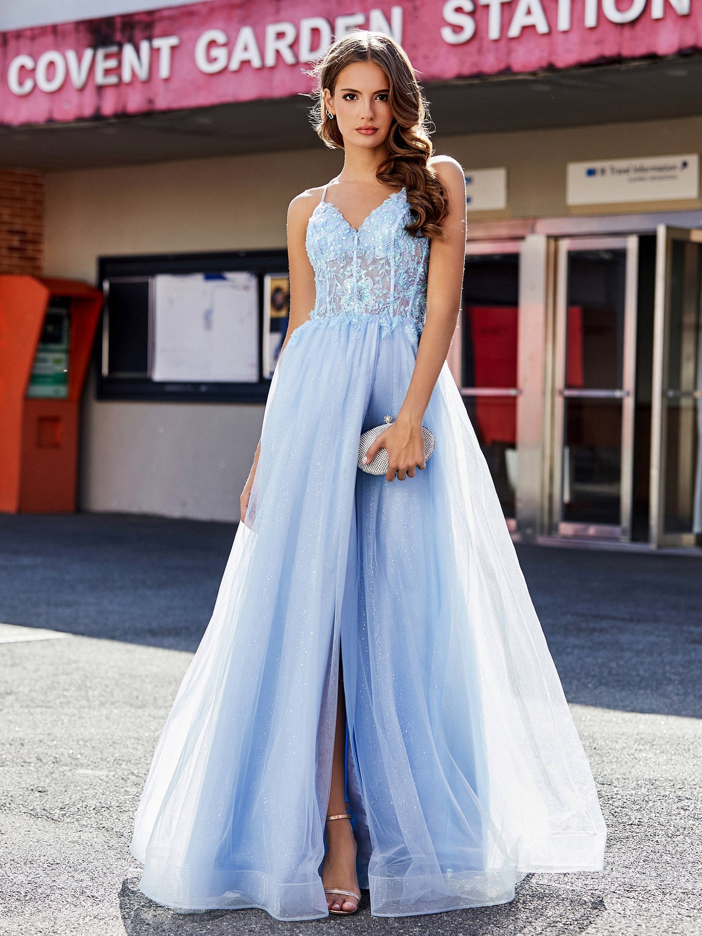 V Neck Corset Bodice Tulle Dress Sky Blue