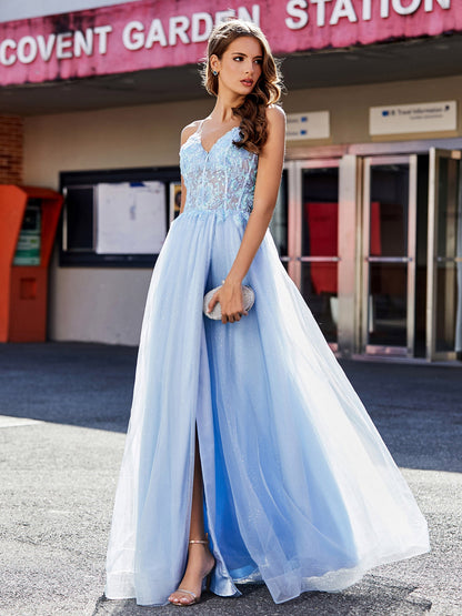 V Neck Corset Bodice Tulle Dress Sky Blue